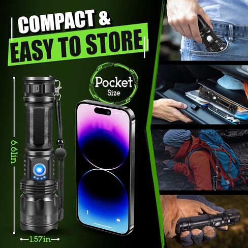 Powerful LED Flashlights with High Lumens and 5 Modes of Light, Rechargeable Portable Pocket Flash Light Charging IPX5 Waterproof Flashlight with XHP LED Bulb for Emergency, Camping, and Outdoor Use in Saudi Arabia
