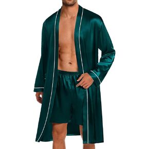 SWOMOG Mens Satin Robe with Shorts Set 2 PCS Kimono Bathrobe Long Sleeve Sleepwear Pjs Sets with Pockets
