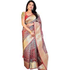 ساري من الحرير الزهري للنساء من كنيتلي، ساري هندي تقليدي من زاري باناراسي للنساء مع بلوزة غير مخيطة، زهري، مقاس واحد in Kuwait