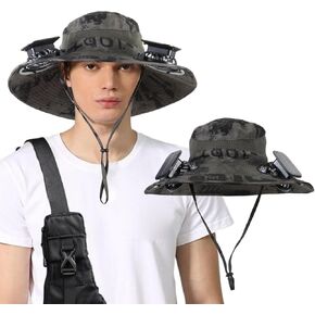 Wide Brim Solar Fan Outdoor Fishing Hat with 2 Solar Fan UPF 50+ Sun Bucket Hat Waterproof Breathable Fishing Hat Bucket Hat