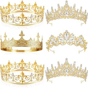 6 Pieces Halloween Prom King Crown Metal Baroque King and Queen Crowns Prince Princess Crystal Headband Tiara Crown Wedding Bridal Accessories for Women Men Birthday Party, Gold and Silver