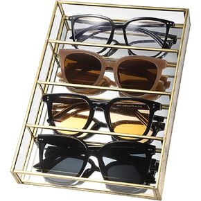Hipiwe Glass Sunglass Organizer Tray Eyewear Eyeglass Storage Display Case Gold Mirrored Jewelry Perfume Display Tray Vintage Gold Sunglass Storage Case for Drawer Dresser Closet, 6 Slots