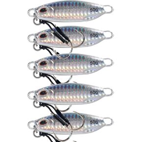 Pack of 5 - Vertical Slow Pitch Jig 50g: Lead Metal Flat Fall Fishing Jig Lure with Assisted Hook
