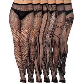 6 Pairs Women Fishnet Suspender Pantyhose Thigh-High Stockings Tights Stretchy High Stockings for Halloween Party Dress up (Black, X-Large-XX-Large)