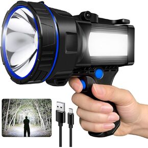 Rechargeable Spotlight Flashlight, Super Bright 2000 lumens Waterproof Hand held Spot Lights, Long Range Large Hunting Lamp Searchlight, LED Flashlight with COB Light for Camping
