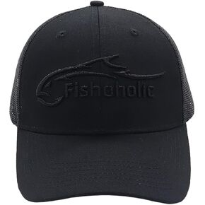 قبعة صيد السمك البيسبول Snapback من Fishoholic - هدية صيد لسائقي الشاحنات الشبكية بشعارات مطرزة للأب والأب والابن (R) TM Fishaholic (SNP-BLKonBLK)