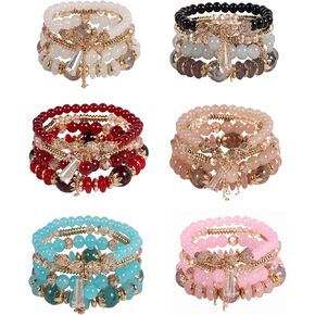 Solosoya Bohemian Stackable Bracelets Set for Women Multipack Girls Elastic Rope Multilayer Stack Beads Stretch Beaded Boho Bracelets with Handmade Butterfly Elephant Charm Ladies Accessories 6 Pack