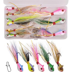 Bucktail Jig Fishing Lures Kit - 7PCS Bucktail Hair Jigs Fishing Lure Baits Flounder Striper Fishing Jigs with Tail 20PCS Snaps for Striped Bass Bluefish Surf Fishing