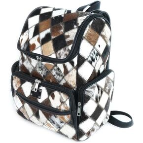 Cow Print Leather Backpack - Travel Backpack Multipurpose Adult Women’s Bag Patchwork Cowhide Hair Leather Diaper Bag, Large, Black, PatchBag02