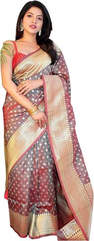 ساري من الحرير الزهري للنساء من كنيتلي، ساري هندي تقليدي من زاري باناراسي للنساء مع بلوزة غير مخيطة، زهري، مقاس واحد in Kuwait