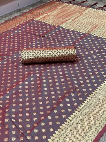 ساري من الحرير الزهري للنساء من كنيتلي، ساري هندي تقليدي من زاري باناراسي للنساء مع بلوزة غير مخيطة، زهري، مقاس واحد in Kuwait