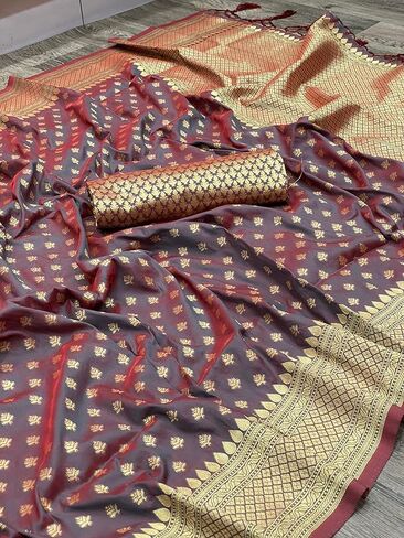 ساري من الحرير الزهري للنساء من كنيتلي، ساري هندي تقليدي من زاري باناراسي للنساء مع بلوزة غير مخيطة، زهري، مقاس واحد in Kuwait