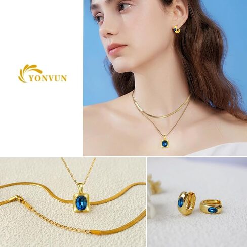 YONVUN Trendy Separate Layered Choker Pendant Necklace | 18k Gold Plated Snake Herringbone Flat Stackable Chain Rectangle Gemstone Crystal Zircon Necklace | Preppy Dainty Jewelry Set Gift in Saudi Arabia