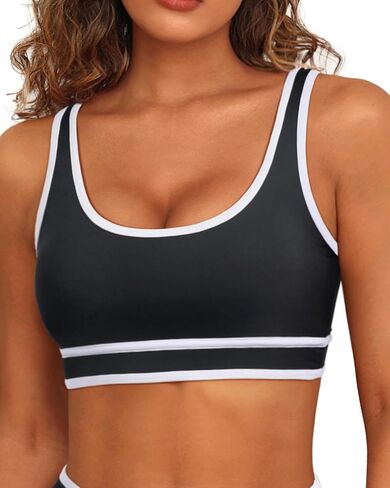 Tempt Me Women Sports Bra Bikini Top Color Block Bathing Suit Top Scoop Neck Swimsuit Top Athletic Crop Top for Teen Girls in Saudi Arabia