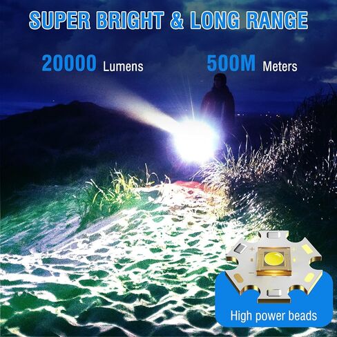 BORUIT Rechargeable Flashlight High Lumens 20000 Lumens LED White Red Light Torch,8 Modes IPX4 Waterproof Powerful USB C Tactical Flashlight Work Light for Outdoor, Emergency & Daily Use in Kuwait