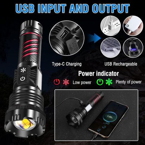 BORUIT Rechargeable Flashlight High Lumens 20000 Lumens LED White Red Light Torch,8 Modes IPX4 Waterproof Powerful USB C Tactical Flashlight Work Light for Outdoor, Emergency & Daily Use in Kuwait