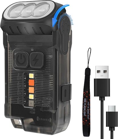 V15 LED مصباح يدوي صغير قوي EDC مع ضوء أحمر أبيض دافئ، ساطع 1200LM USB C قابل لإعادة الشحن 10 أوضاع جيب صغير سلسلة مفاتيح ضوء فلاش مع مشبك IP67 مقاوم للماء رأس دوار مغناطيس ذيل، أسود in Kuwait