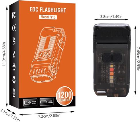 V15 LED مصباح يدوي صغير قوي EDC مع ضوء أحمر أبيض دافئ، ساطع 1200LM USB C قابل لإعادة الشحن 10 أوضاع جيب صغير سلسلة مفاتيح ضوء فلاش مع مشبك IP67 مقاوم للماء رأس دوار مغناطيس ذيل، أسود in Kuwait