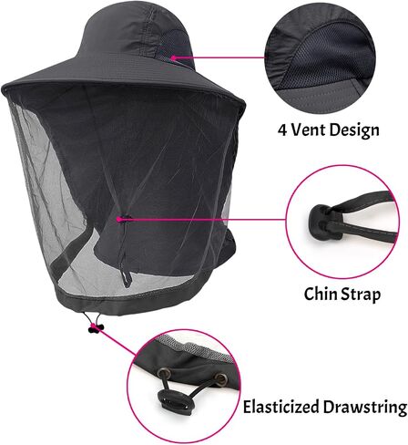 Head Net Hat - Cooling Nylon UV Protection Sun Hat Cap w/Chin Strap Face Mesh Netting, Packable Fishing Gardening Hat in Saudi Arabia