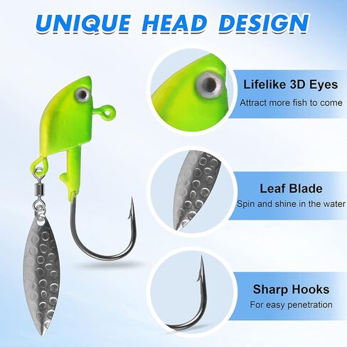 Underspin Jig Heads Kit,Fishing Jig Head Hooks with Willow Blade Swimbait Jig Head Weighted Spin Head Jig Lures 1/4oz 3/8oz 1/2oz for Crappie Bass Saltwater Freshwater in Kuwait