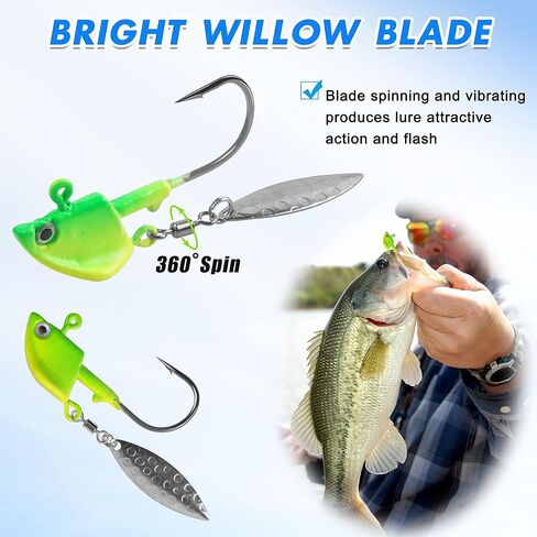 Underspin Jig Heads Kit,Fishing Jig Head Hooks with Willow Blade Swimbait Jig Head Weighted Spin Head Jig Lures 1/4oz 3/8oz 1/2oz for Crappie Bass Saltwater Freshwater in Kuwait