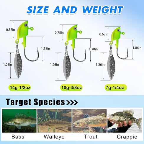 Underspin Jig Heads Kit,Fishing Jig Head Hooks with Willow Blade Swimbait Jig Head Weighted Spin Head Jig Lures 1/4oz 3/8oz 1/2oz for Crappie Bass Saltwater Freshwater in Kuwait