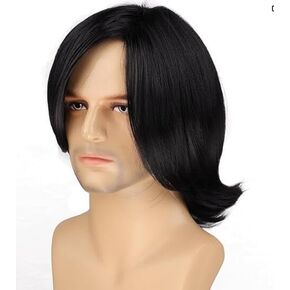 BERON Men's Medium Style Wavy Bouncy Side Swept Fringe Bang Hairstyle Wig with Wig Cap Dark Brown