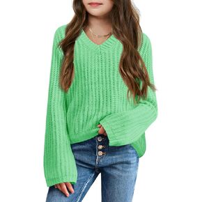 Imily Bela Girls Bell Sleeve V Neck Knit Sweaters Kids Fashion Crop Pullover Sweater Tops