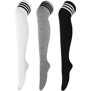 DRESHOW 3 Pairs Thigh High Socks Striped Over Knee Thin Tights Long Stocking Knee High Leg Warmer