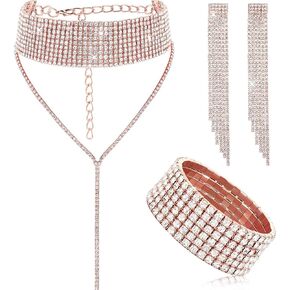 Hicarer 3 Pieces Women Rhinestone Jewelry Set Rhinestone Tassel Choker Necklace Fringe Bracelet Crystal Dangling Earring for Wedding Bridal Party