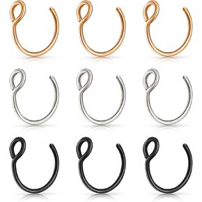 Lusofie 9Pcs Fake Nose Rings，Fake Nose Ring Hoop Stainless Steel Nose Hoop for Faux Lip Septum Nose Ring Set