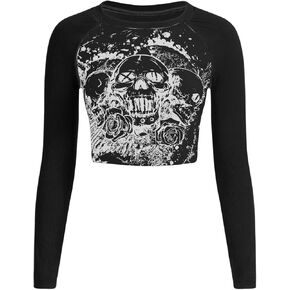 SOLY HUX Women's Y2K Shirt Gothic Long Sleeve Crop Tops Graphic Tees Skull Floral Print T Shirts