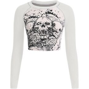 SOLY HUX Women's Y2K Shirt Gothic Long Sleeve Crop Tops Graphic Tees Skull Floral Print T Shirts