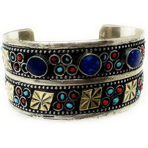 Duel On Jewel Tribal Afghan Baloch Oxidized Antique Finish Big Statement Engraved Metal Cuffs in Gypsy Stones