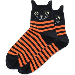 Hot Sox Women's Cute Animal Anklet Socks-Cool & Fun Pet Dog Ear Penguin Gifts, Black Cat (Orange) (1 Pair), 4-10