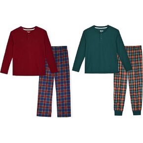 Sleep On It 4 Piece Boys Pajama Sets - Cozy Waffle Knit and Henley Tops with Matching Plaid Sleep Pants