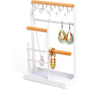 DAISY'S FINDINGS Jewelry Holder Organizer - 4 Tier Jewelry Stand Necklace - Bracelet Holder with 10 Hooks | 16pr Earring Holder - Padded Ring Tray - Display Stand for Bangles, Rings & Watches