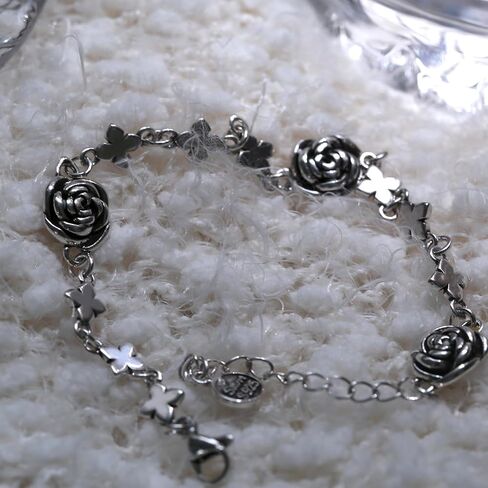 سوار من الفضة الاسترلينية S925 بتصميم سلسلة بحلقات على شكل وردة عتيقة من تيرتيبلسو، سوار من الستانلس ستيل على شكل وردة مقاس 8.3 انش قابل للتعديل، مجوهرات خلخال للنساء والرجال والفتيات، 8 3 انش, فضة in Kuwait