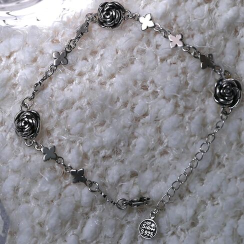 سوار من الفضة الاسترلينية S925 بتصميم سلسلة بحلقات على شكل وردة عتيقة من تيرتيبلسو، سوار من الستانلس ستيل على شكل وردة مقاس 8.3 انش قابل للتعديل، مجوهرات خلخال للنساء والرجال والفتيات، 8 3 انش, فضة in Kuwait