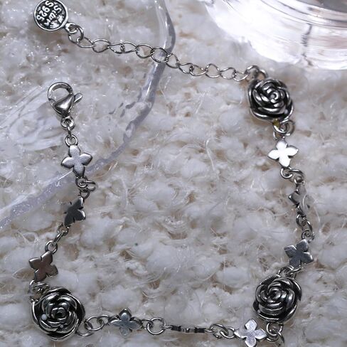 سوار من الفضة الاسترلينية S925 بتصميم سلسلة بحلقات على شكل وردة عتيقة من تيرتيبلسو، سوار من الستانلس ستيل على شكل وردة مقاس 8.3 انش قابل للتعديل، مجوهرات خلخال للنساء والرجال والفتيات، 8 3 انش, فضة in Kuwait