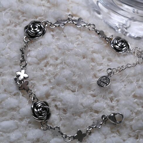 سوار من الفضة الاسترلينية S925 بتصميم سلسلة بحلقات على شكل وردة عتيقة من تيرتيبلسو، سوار من الستانلس ستيل على شكل وردة مقاس 8.3 انش قابل للتعديل، مجوهرات خلخال للنساء والرجال والفتيات، 8 3 انش, فضة in Kuwait