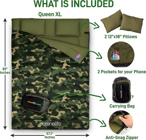 SereneLife Double Sleeping Bag with 2 Pillows, Lightweight, Waterproof, Portable, Ideal for Camping, Hiking, Compact & Washable, Detachable to Two Sleeping Bags in Saudi Arabia