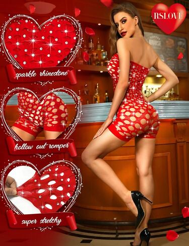 RSLOVE Women Lingerie Fishnet Bodysuit Sexy Sparkle Rhinestone Hollow Out Romper Without Liner in Saudi Arabia