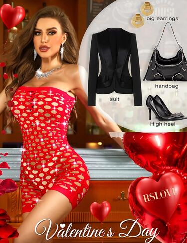 RSLOVE Women Lingerie Fishnet Bodysuit Sexy Sparkle Rhinestone Hollow Out Romper Without Liner in Saudi Arabia