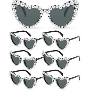 Huquary 6 Pairs Love Pearl Sunglasses Heart Shaped Sunglasses Luxury Vintage Heart Sun Glasses Cat Eye Sunglasses for Women