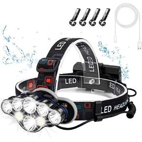 Rechargeable Headlamp, 8 LED 18000 Lumen Super Bright Waterproof Headlight with Red Lights, 8 Light Modes Head Lamp for Emergency Light ​Outdoors Fishing Hiking Camping Running (1, Blue)
