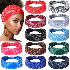 12 Pcs African Headbands for Women Head Wraps Hair Wrap Yoga Boho Chiffon Knotted Assorted Bandeau Headbands Wide Yoga Elastic African Gifts Hair Accessories for Girls Lady Running Sports