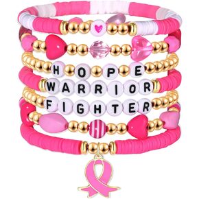 FAERLIIRY Pink Ribbon Bracelets Breast Cancer Survivor Gifts for Woman Glitter Beaded Bracelet HOPE FIGHT Pink Bracelets Breast Cancer Survivor Support Jewelry Gifts