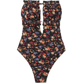 MakeMeChic Women's Strapless Bathing Suit Color Block Frill Trim Tie Back Bandeau One Piece Swimsuit