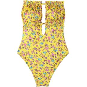 MakeMeChic Women's Strapless Bathing Suit Color Block Frill Trim Tie Back Bandeau One Piece Swimsuit
